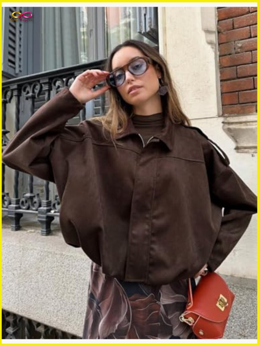 Oversized Faux Suede Bomber Jacket Batwing Long Sleeve Cropped Zip Up Streetwear - Picture 6 of 7